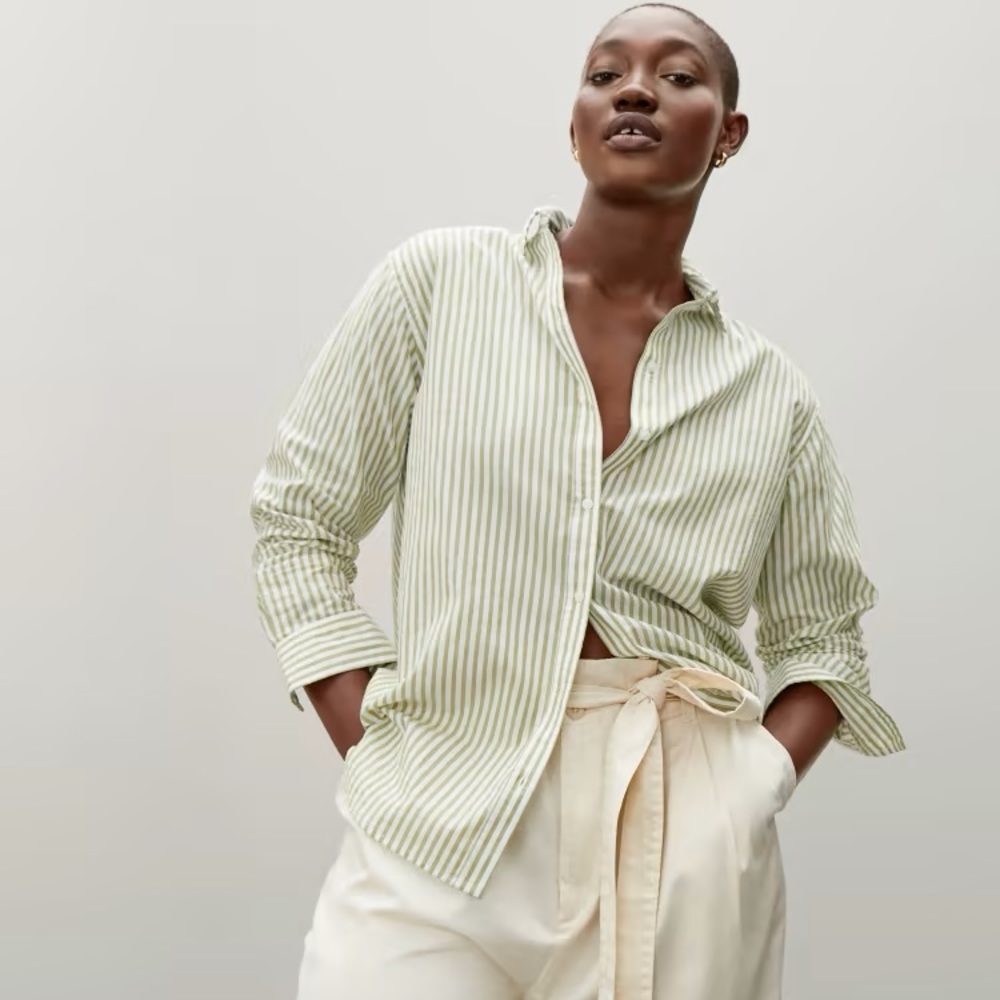Silky cotton relaxed Everlane long-sleeved, striped white/green